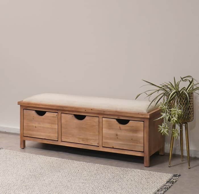 ספסל ישיבה מרופד דגם DIEGO בשילוב עץ 3 מגירות אחסון -120 ס''מ