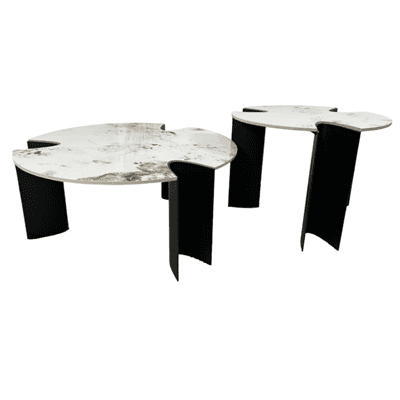 סט שולחנות דגם PANDOLA פלטת גרניט פורצלן לבן בשילוב רגלי מתכת שחורים