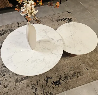 סט 2 שולחנות סלון יוקרתיים דגם BIG LUSO שיש לבן בשילוב בסיס עץ