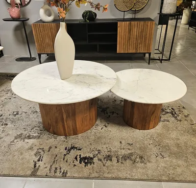 סט 2 שולחנות סלון יוקרתיים דגם BIG LUSO שיש לבן בשילוב בסיס עץ