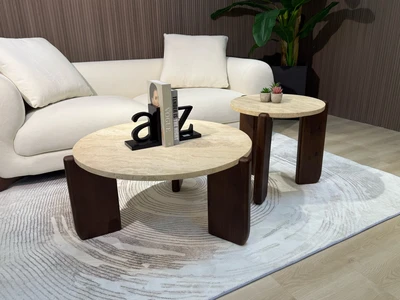 סט שולחנות סלון מעוצבים דגם Holland שיש טרוורטין בשילוב רגל עץ אגוז