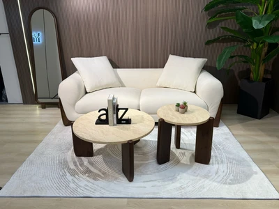 סט שולחנות סלון מעוצבים דגם Holland שיש טרוורטין בשילוב רגל עץ אגוז