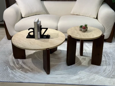 סט שולחנות סלון מעוצבים דגם Holland שיש טרוורטין בשילוב רגל עץ אגוז