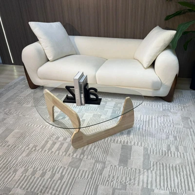 שולחן סלון מעוצב דגם STORM פלטת זכוכית בשילוב רגל עץ טבעי