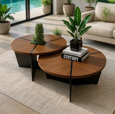 זוג שולחנות סלון מעוצבים דגם SALI עץ בגוון אגוז בשילוב רגל זכוכית מושחרת