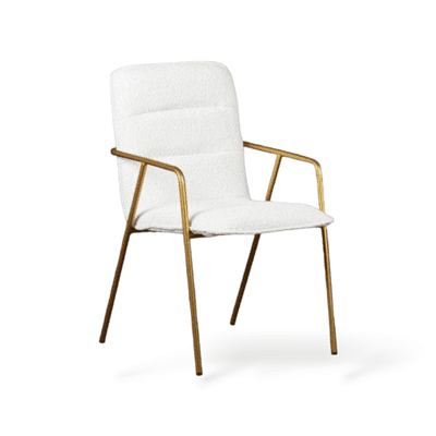 כסא אוכל מעוצב דגם MILANO בד בוקלה לבן בשילוב ידיות מתכת זהב