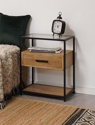 שידת צד מעוצבת YORK עץ בשילוב מדף זכוכית ומסגרת מתכת שחורה