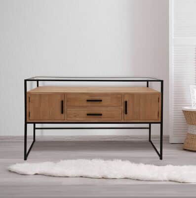 קונסולה מעוצבת YORK עץ בשילוב מסגרת שחורה ומדף זכוכית מעל-2 דלתות 2 מגירות