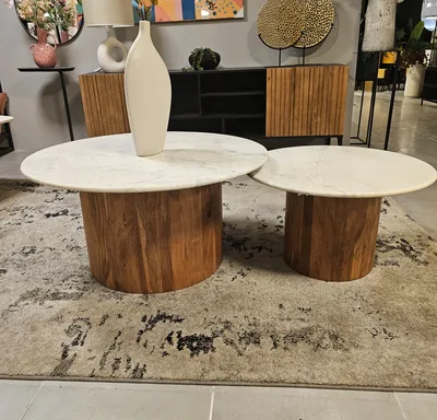 סט 2 שולחנות סלון יוקרתיים דגם BIG LUSO שיש לבן בשילוב בסיס עץ