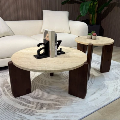 סט שולחנות סלון מעוצבים דגם Holland שיש טרוורטין בשילוב רגל עץ אגוז