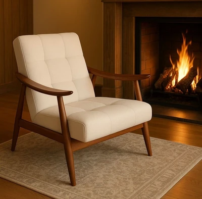 כורסא מעוצבת דגם RUMMY בד בוקלה לבן רגל אגוז אמריקאי